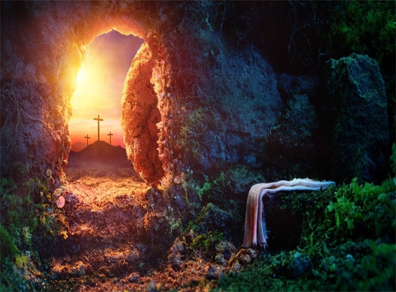 Leowefowa 10x8ft Resurrection of Jesus Backdrop Easter Sunrise Holy Light Empty Tomb Remote Peak Three Crosses Background for Photo Bible Story Church Mural Sanctuary Decor Christianity Wallpeper - Image 1